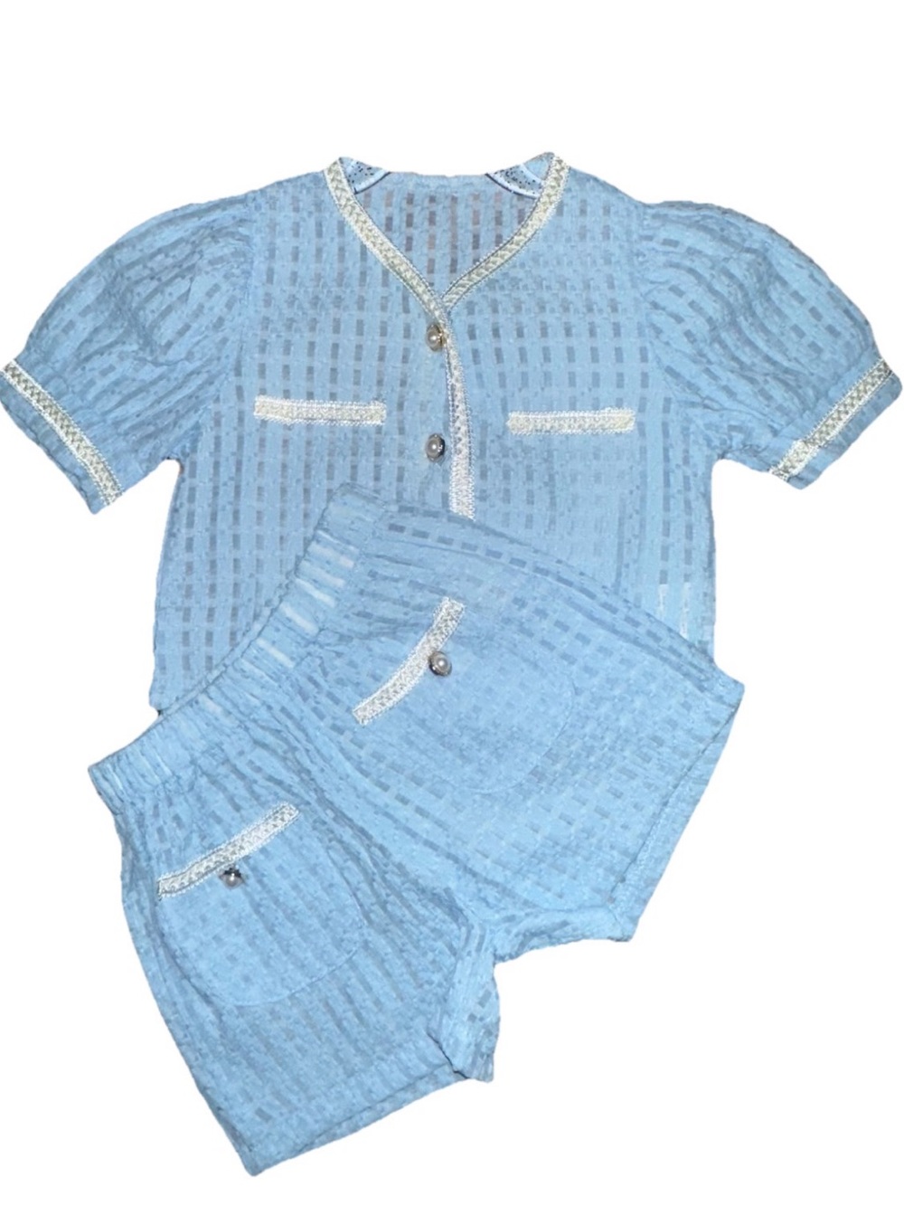 Blue Kids Girls Pants Set with White Trim 3-4T